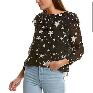 FARM Rio Black White Star Stardust Sheer Blouse Black Top Shirt Size XS